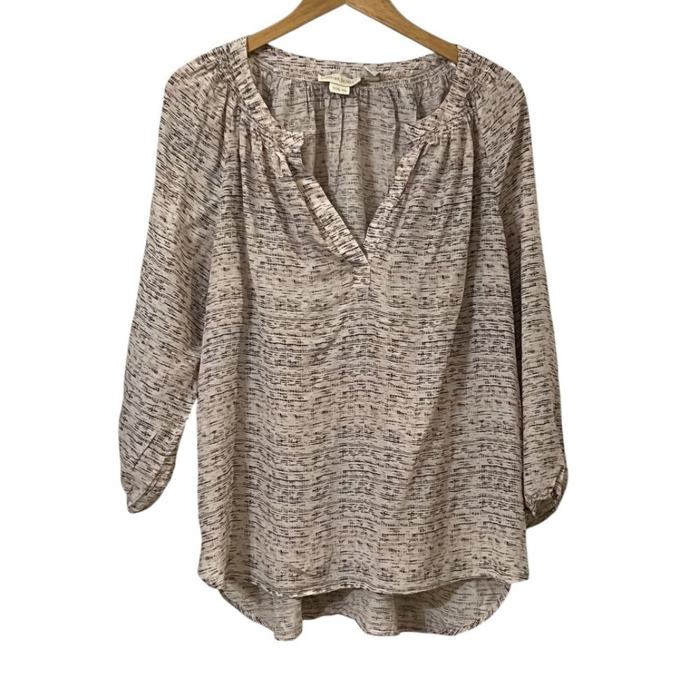 Cynthia Rowley 100% Silk Blouse XL Boho V-Neck Beige Printed Lightweight Top